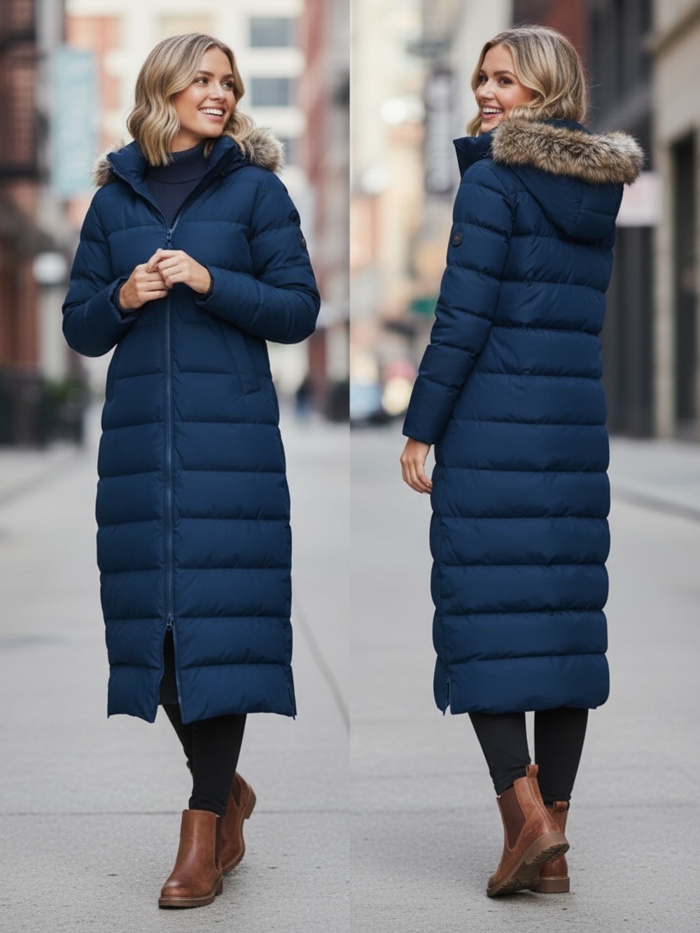 Lands end down  Long Puffer Coat with Faux-Fur Trim - Navy